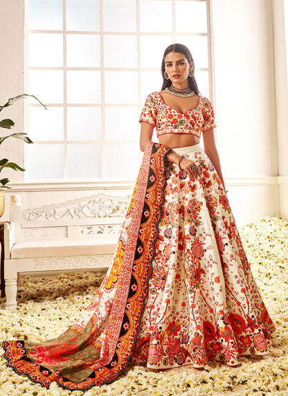 Orange Multicolor Floral Printed Lehenga