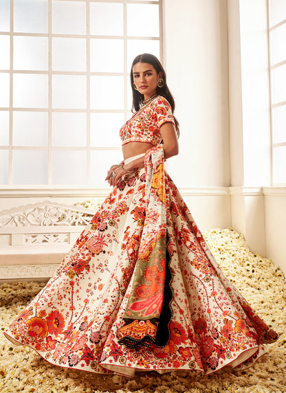 Orange Multicolor Floral Printed Lehenga