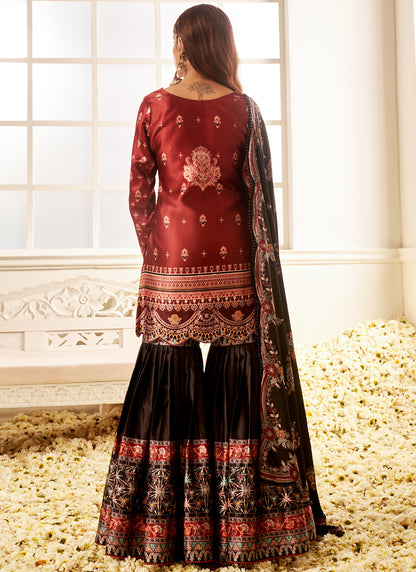 Deep Rust and Black Floral Printed Gharara Suit