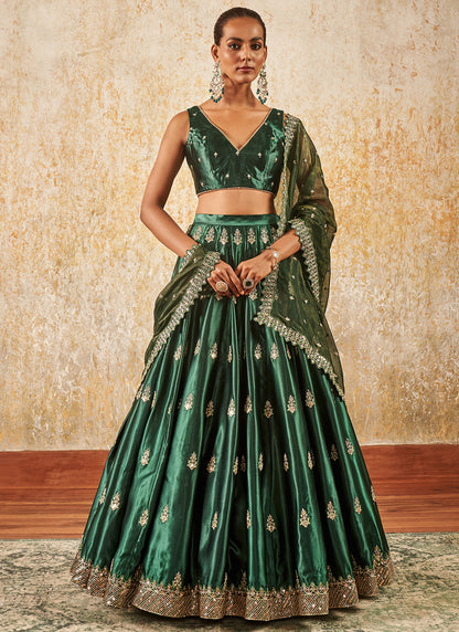 Dark Green Embroidered Lehenga