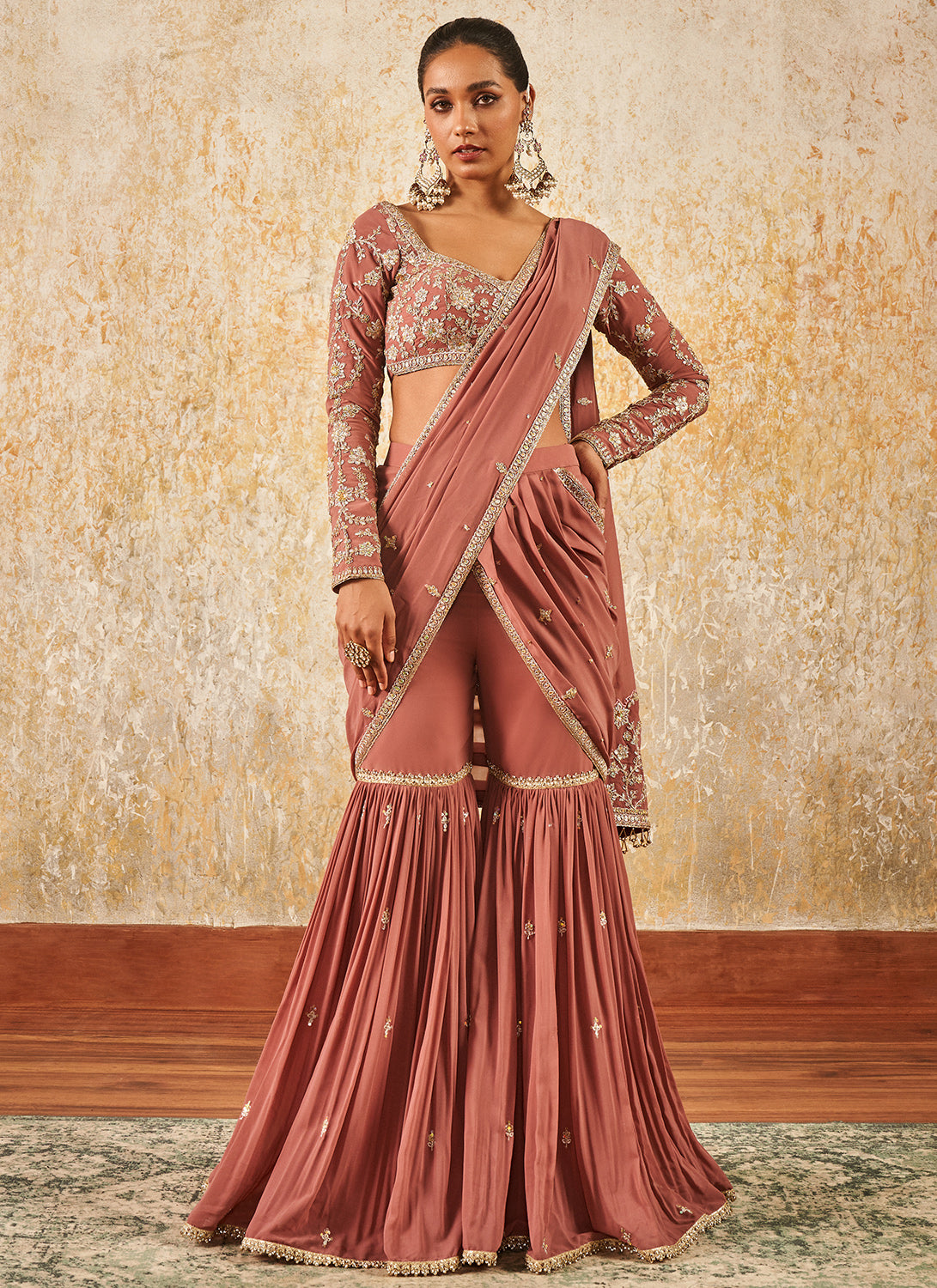 Buy Pink Handwoven Mulberry Silk Pre-draped Pant Saree Set And Jacket For  Women by Joskai Studio Online at Aza Fashions.