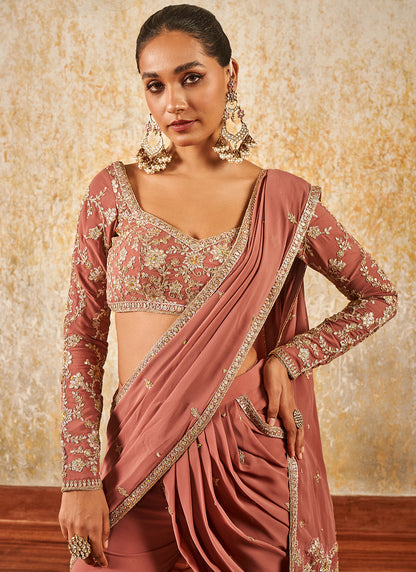 Dusty Rose Embroidered Gharara Style Saree