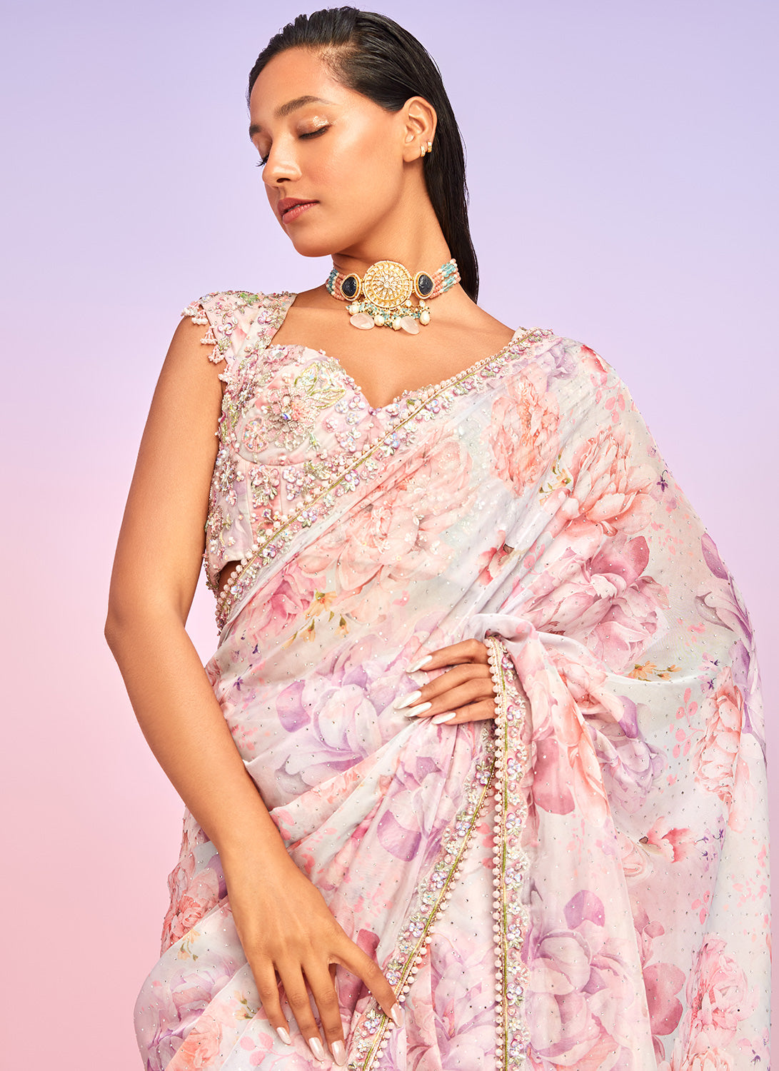 Buy Pink Organza Hand Painted Flower Saree With Unstitched Blouse Piece For  Women by Geroo Jaipur Online at Aza Fashions.