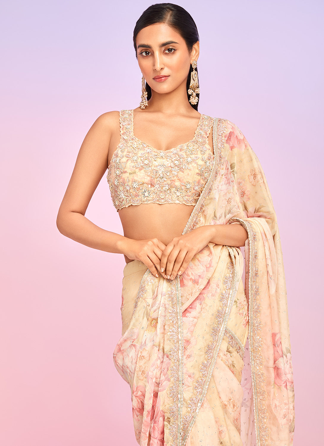 Yellow Floral Embellished Saree – Lashkaraa