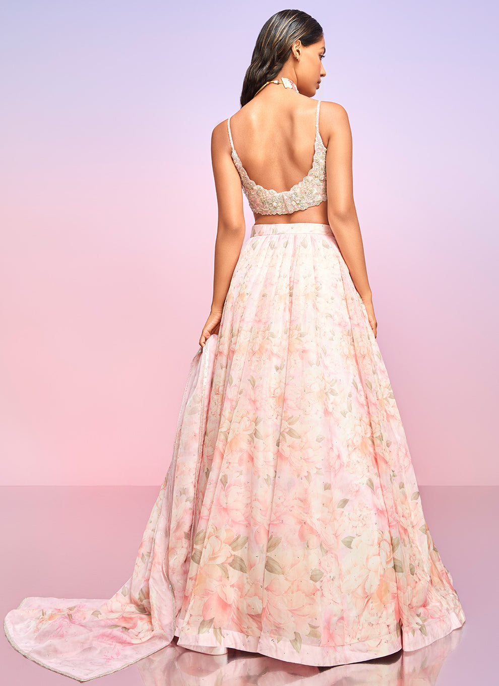 Light Pink Embellished Chiffon Lehenga – Lashkaraa