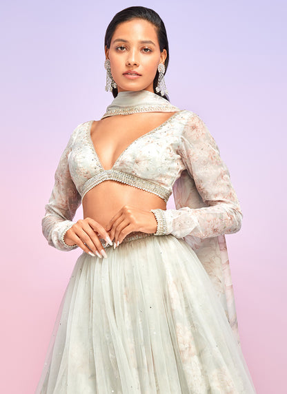 Dusty Grey Floral Embellished Lehenga