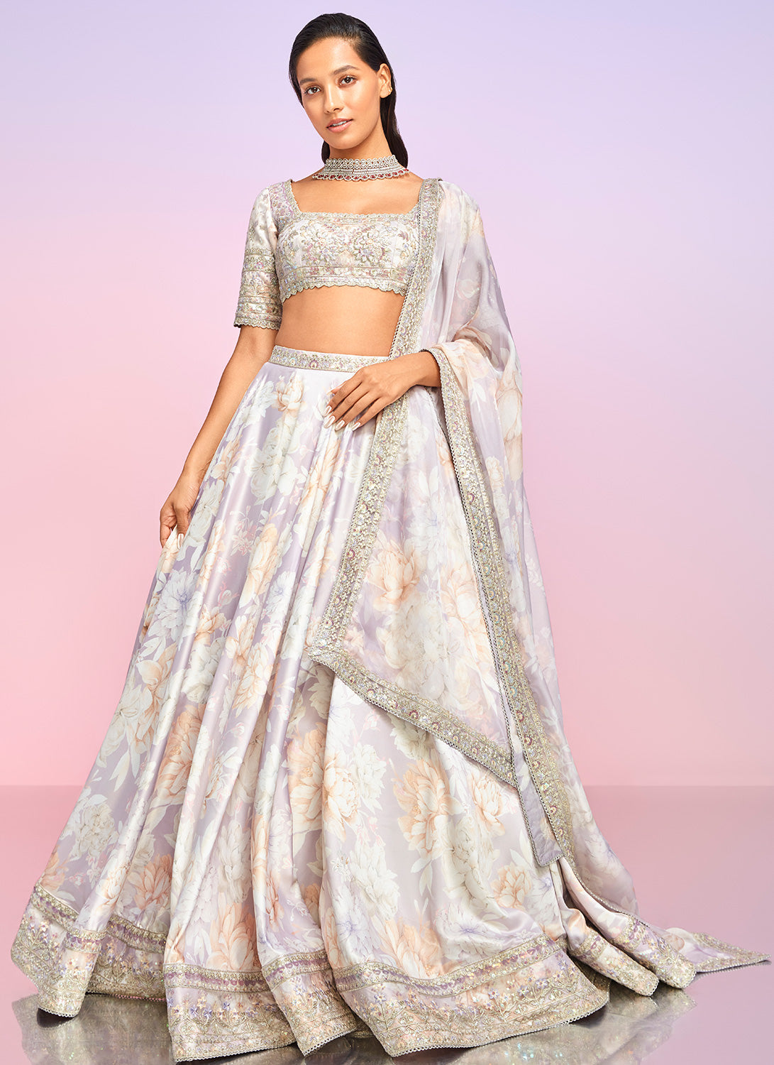 Buy Pink Lehenga With A Crop Top In Multi-Colored Resham Embroidery, Crop  Top Comes In Sleeveless With Scalloped Neckline