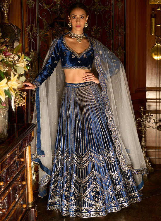 Blue Embroidered Velvet Lehenga – Lashkaraa