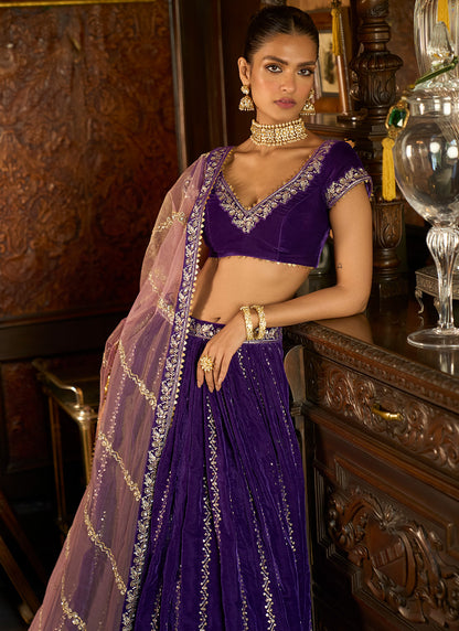 Purple Embroidered Velvet Lehenga