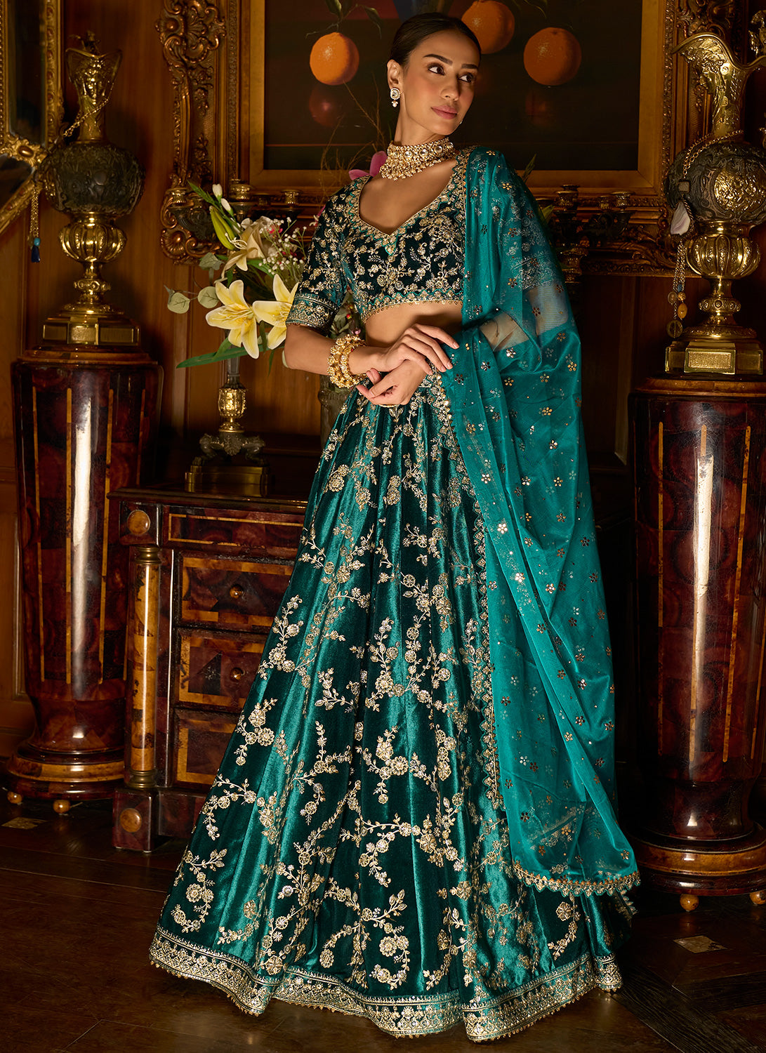 Emerald Green Lehenga | Sequins Embroidered | Lashkaraa