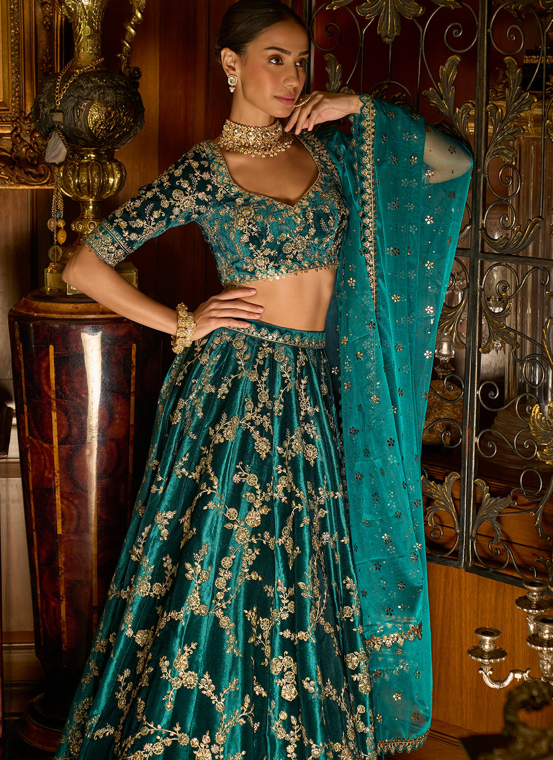 Teal Embroidered Velvet Lehenga – Lashkaraa