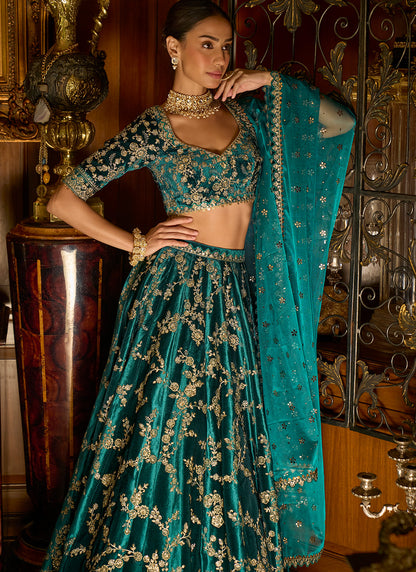 Teal Embroidered Velvet Lehenga