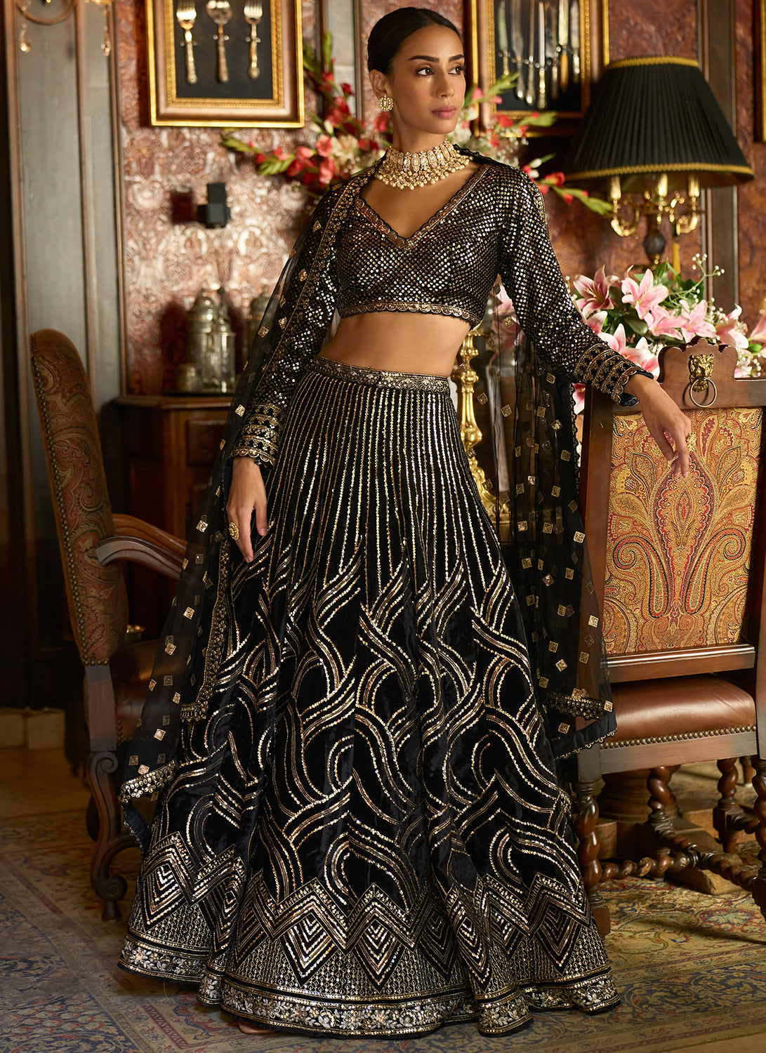 Silk Embroidered Skirt with Velvet Top | Posh Couture