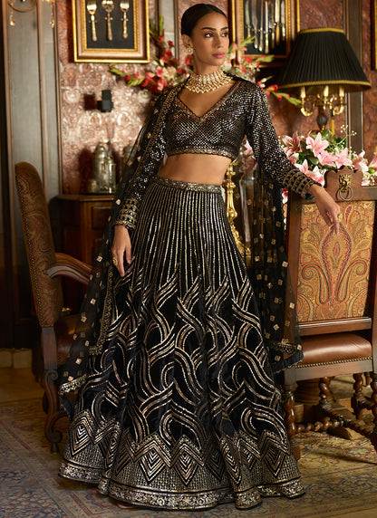 Black Embroidered Velvet Lehenga