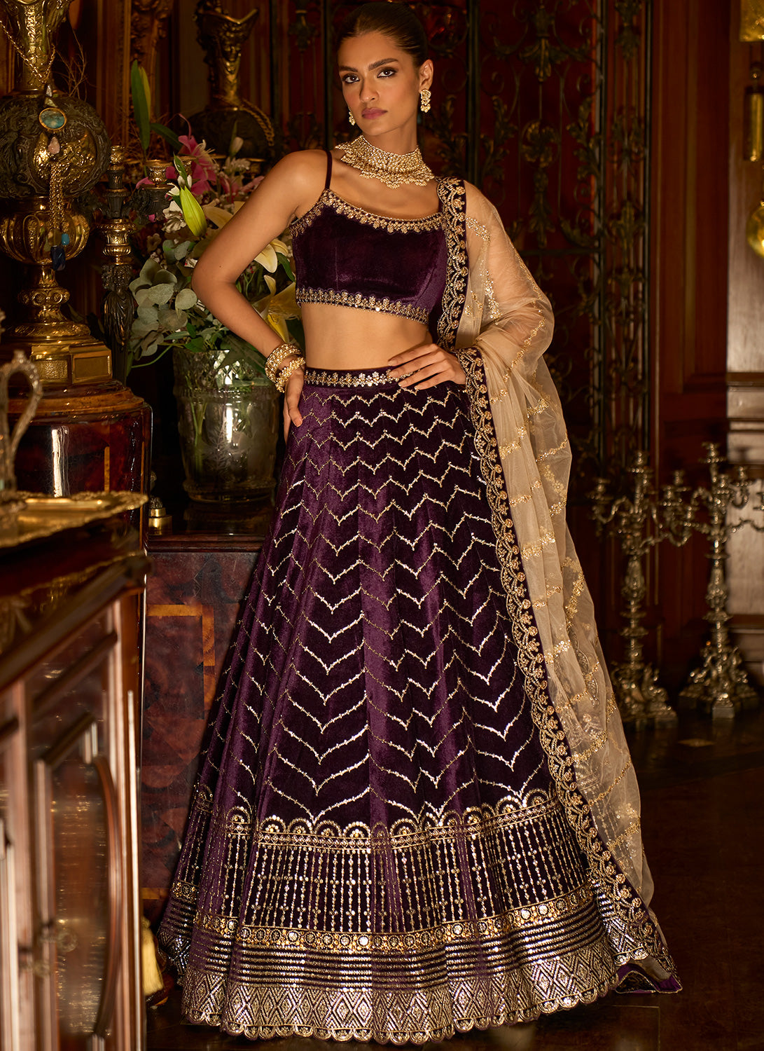Half Sleeves purple Silk Velvet Wedding Lehenga Choli at Rs 4995 in Surat