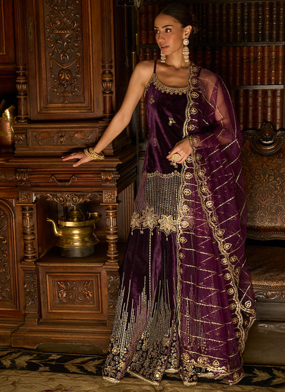 Purple Embroidered Velvet Sharara Suit