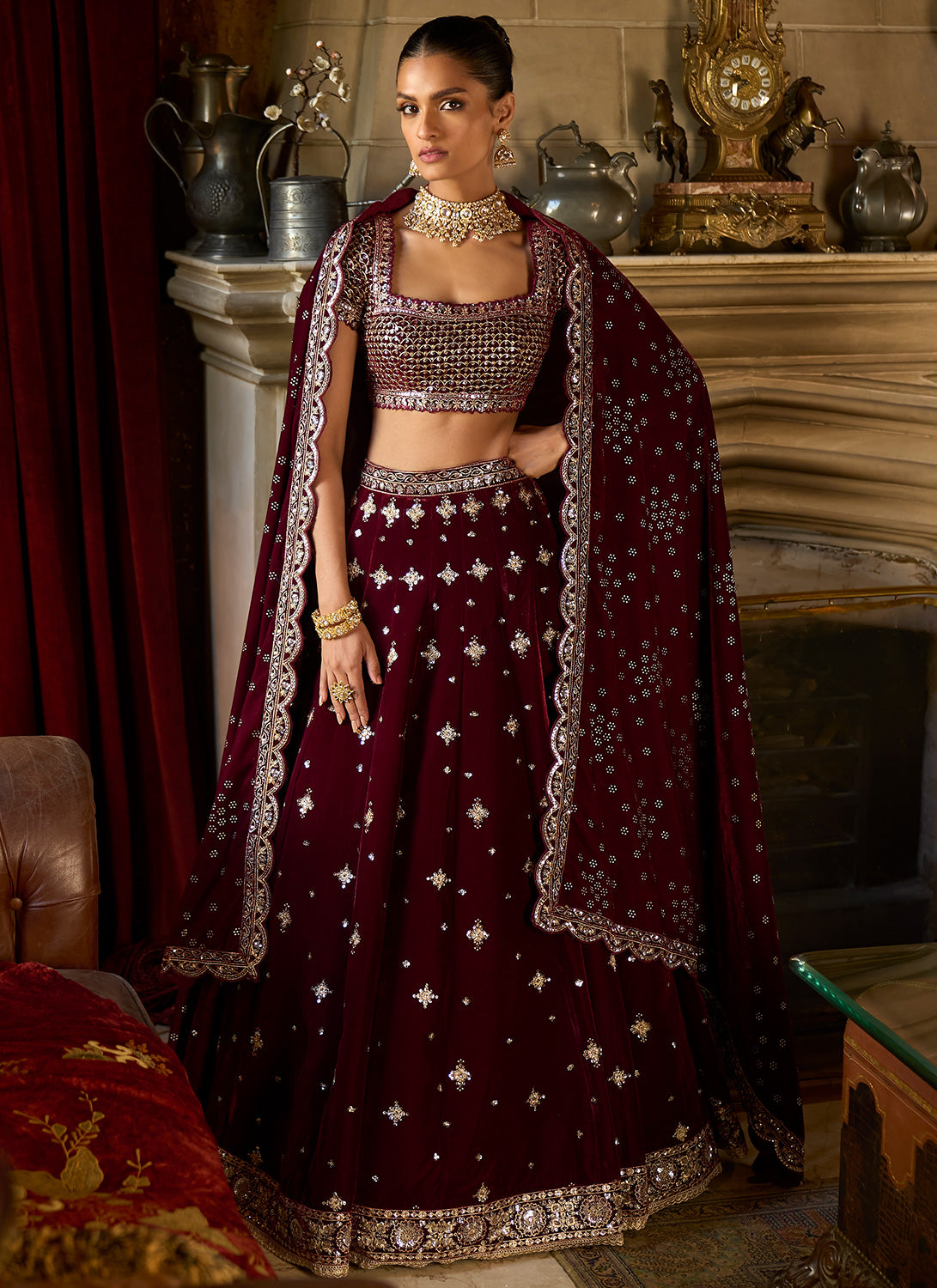Maroon Velvet Indian Bridal Lehenga Choli Set SFSA280701 – ShreeFashionWear