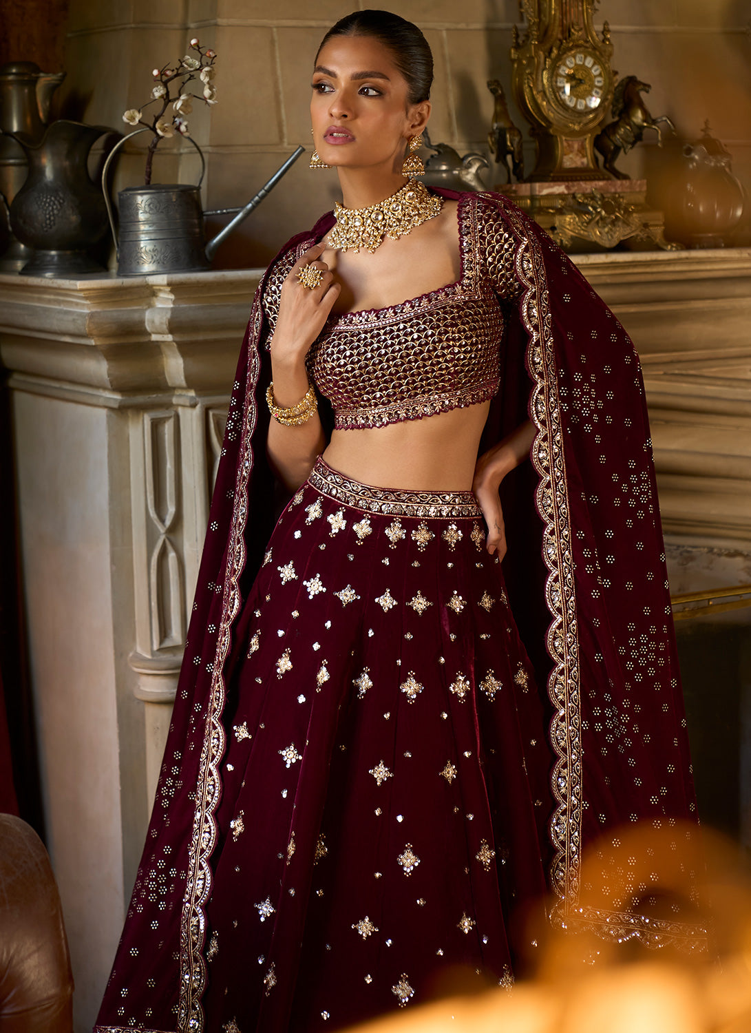 Buy Dashing Maroon Dori Work Velvet Lehenga Choli Set Online - Kreeva