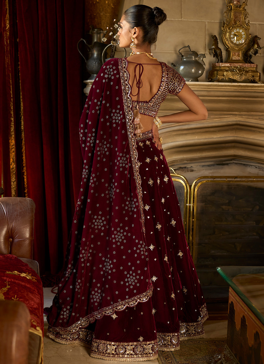 Burgundy Embroidered Silk Velvet Lehenga - Sureena Chowdhri