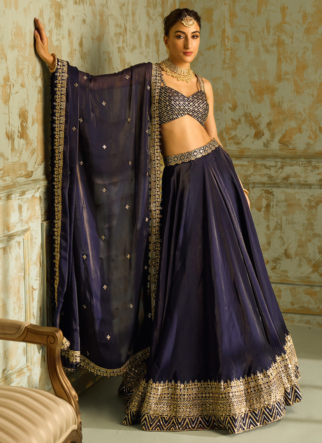 Buy Blue Raw Silk Embroidered Cord Jewel And Velvet Lehenga Set For Women  by Khwaab by Sanjana Lakhani Online at Aza Fashions.