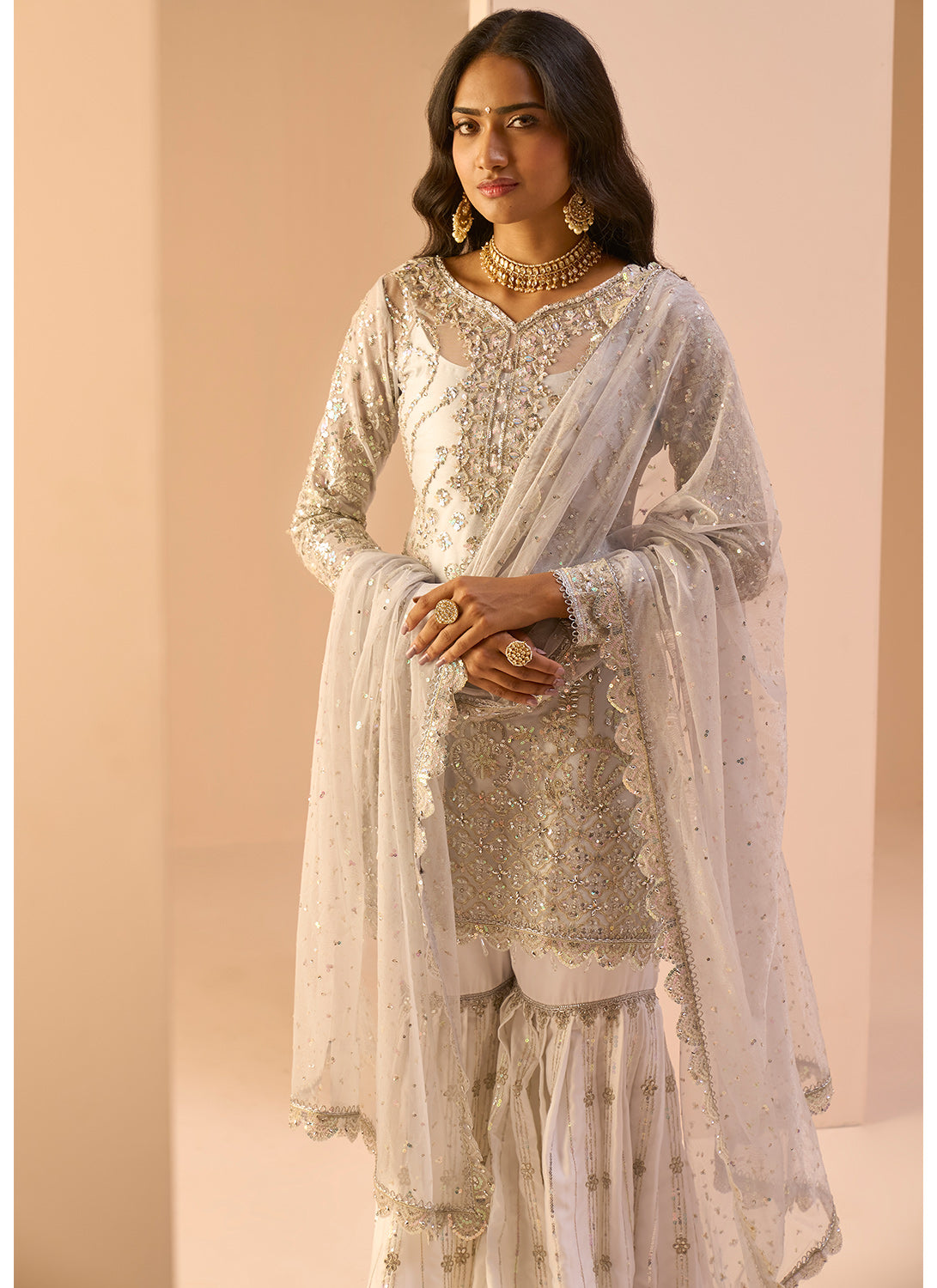 Dusty Blue and White Embroidered Gharara Suit Lashkaraa