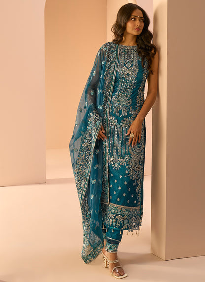 Dark Teal Embroidered Straight Suit