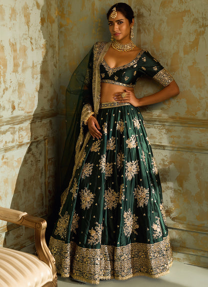 Dark Green Embroidered Lehenga