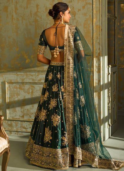 Dark Green Embroidered Lehenga