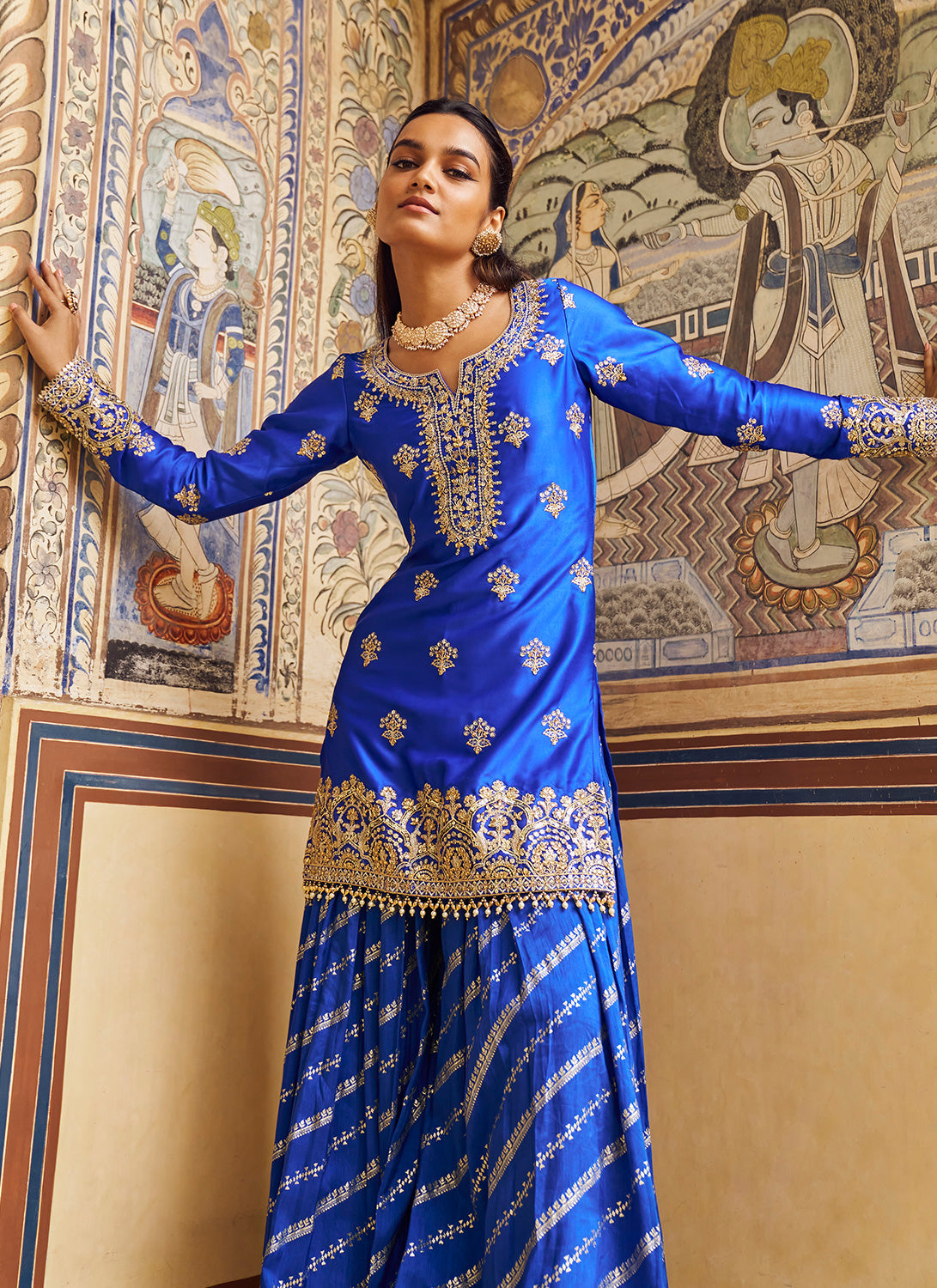 Blue Embroidered Brocade Sharara Suit Lashkaraa