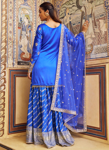 Blue Embroidered Brocade Sharara Suit