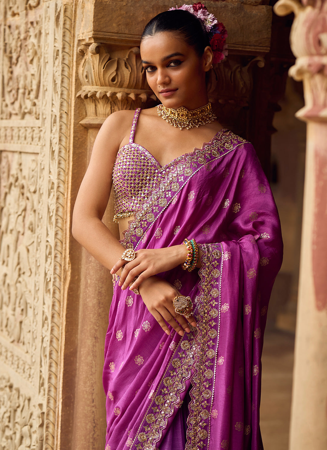 Buy Purple Satin Chinon Saree With Stone Embellishments And Unstitched  Blouse Piece Kalki Fashion India