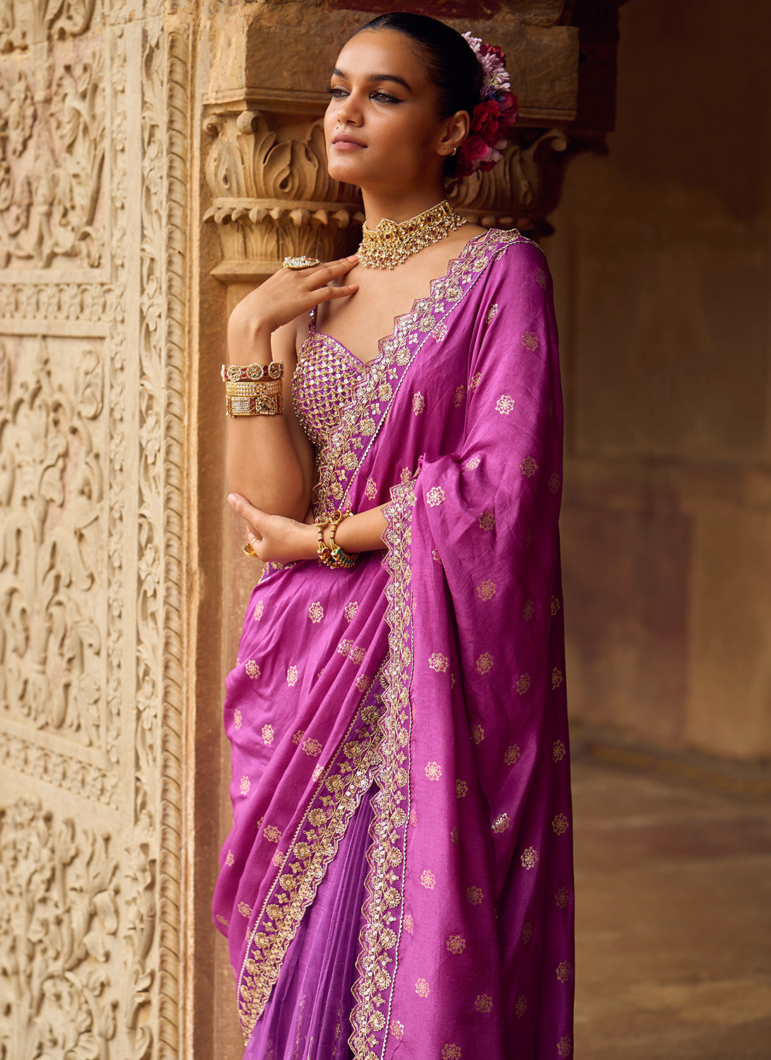 Peach And Purple Zari Weaving Work Silk Saree For Wedding – tapee.in
