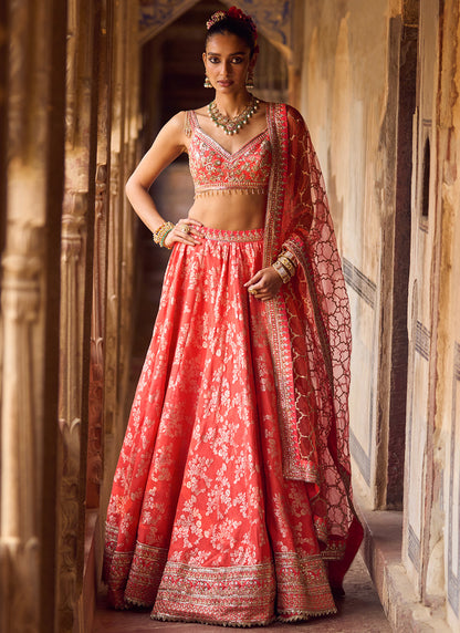 Orange Embroidered Brocade Lehenga