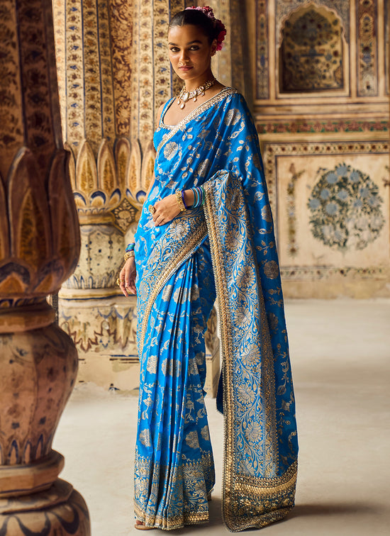 Blue Embroidered Brocade Saree – Lashkaraa