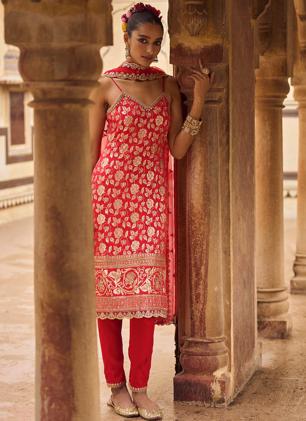 Red and Gold Hand Embroidered Straight Suit – Lashkaraa