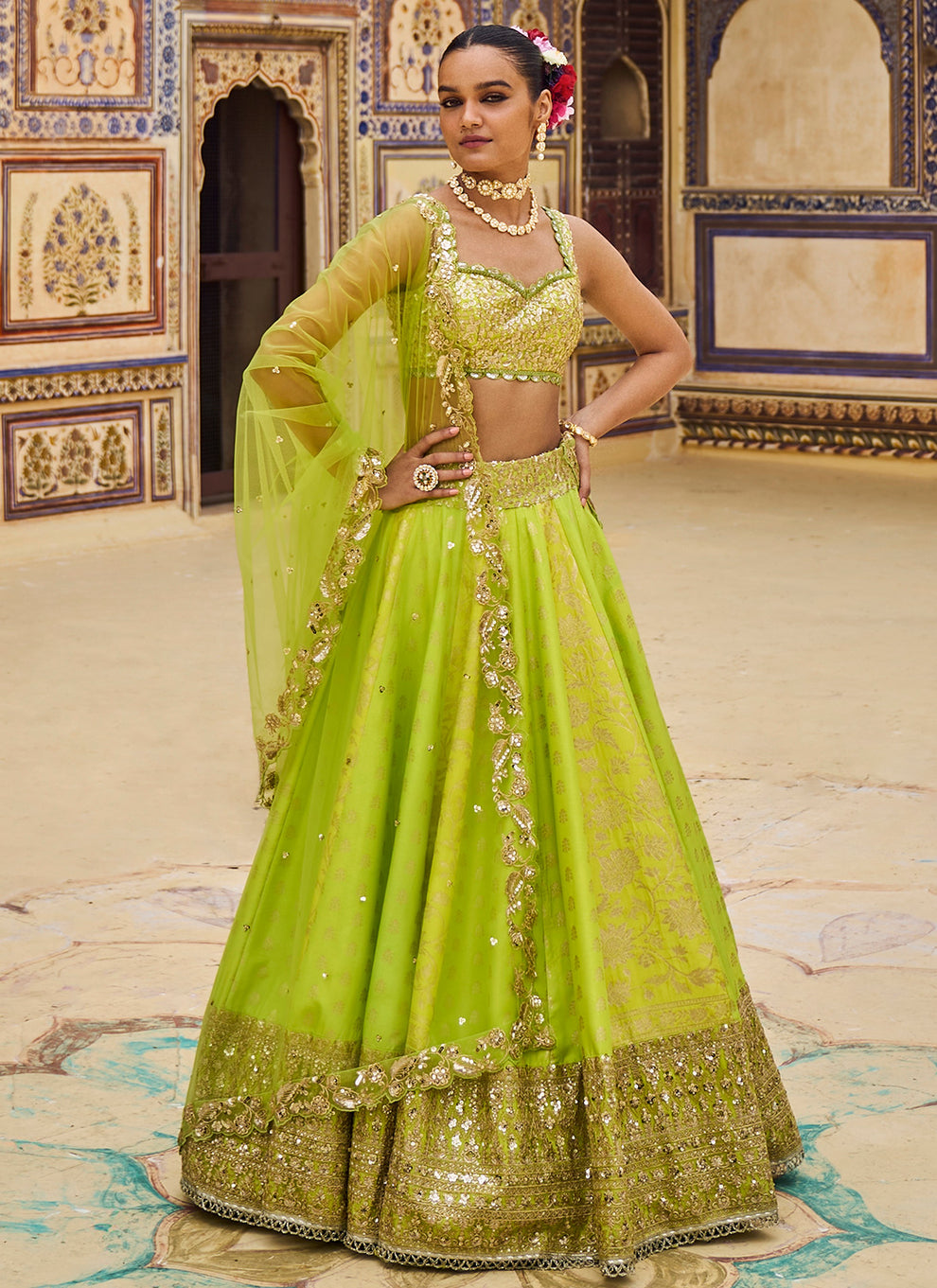 Embroidered Party Wear Silk Lime Green Lehenga Choli at Rs 1149 in