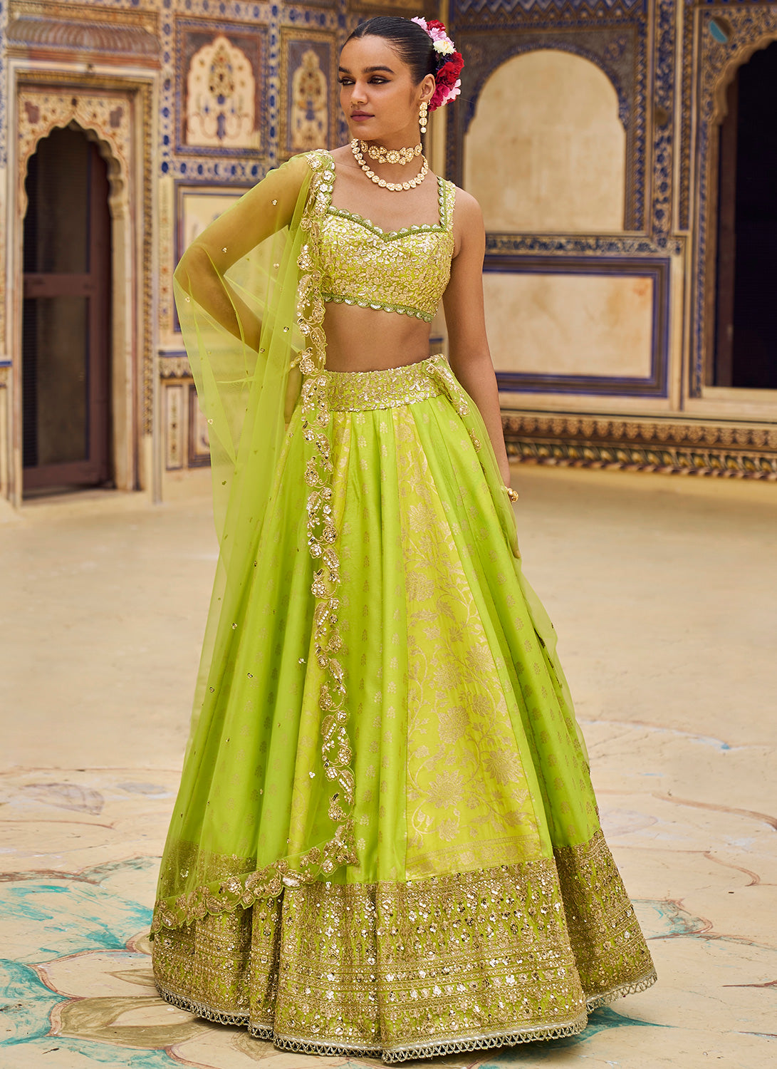 Function Wear Green And Yellow Stylish Work Lehenga Choli – Amrutamfab