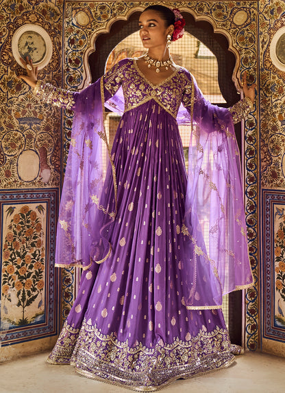 Purple Embroidered Brocade Anarkali