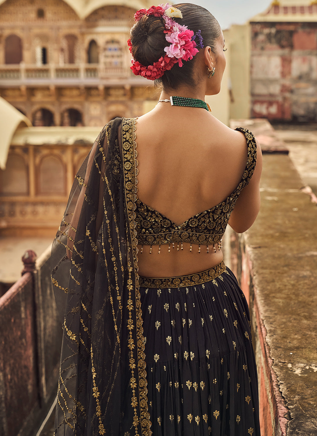 Elegant Black Cotton silk lehenga with brocade blouse & Contract dupat –  Sujatra