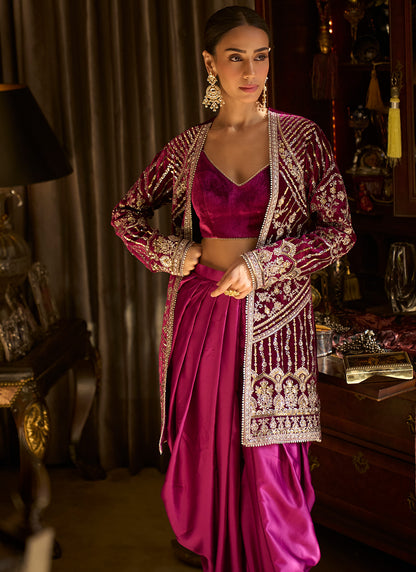 Magenta Embroidered Velvet Suit With Jacket