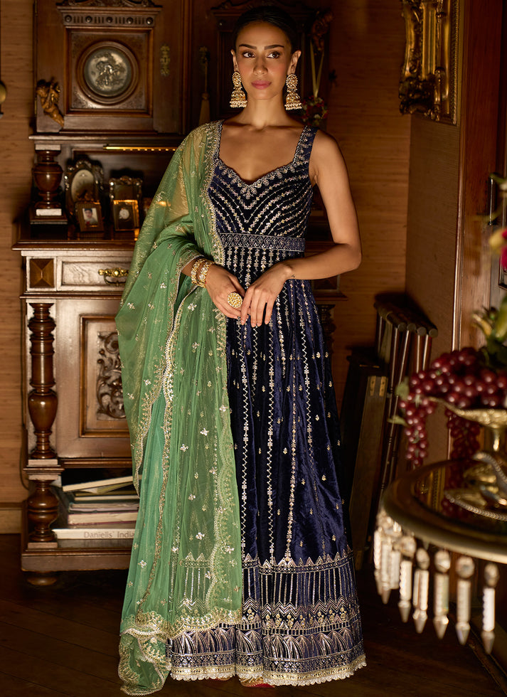 Navy Blue And Green Embroidered Velvet Anarkali Lashkaraa 