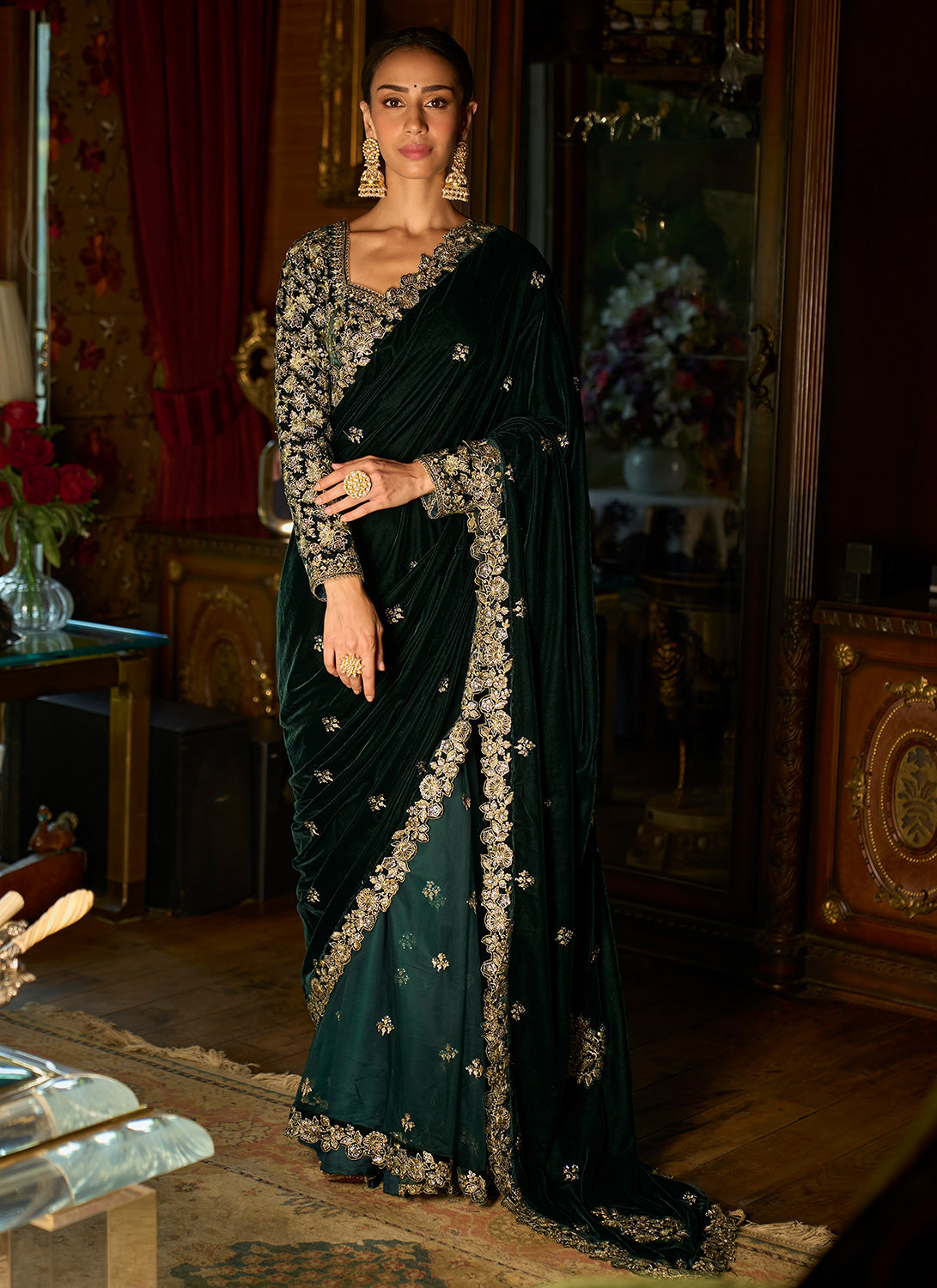 Salwar Studio Women's Black Velvet Readymade Saree Blouse - Om Clothing -  3419615