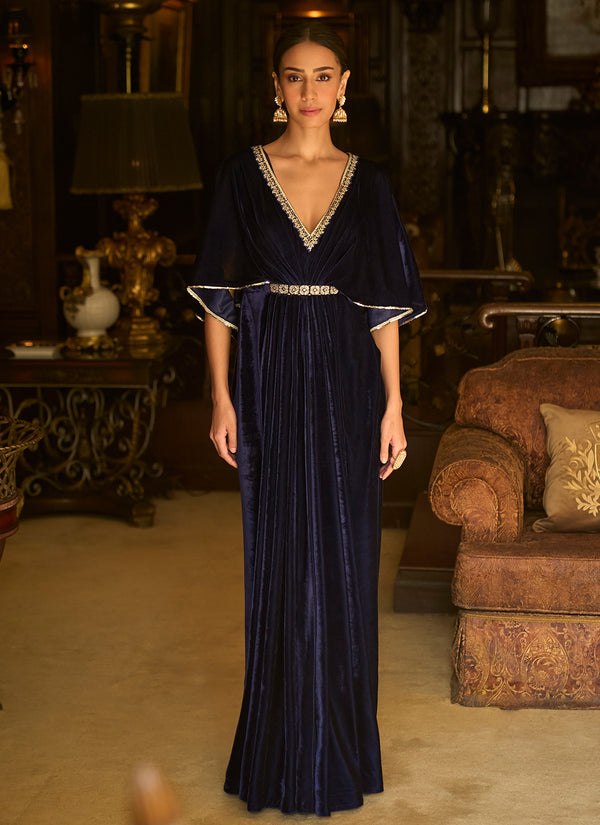 Blue Embroidered Velvet Kaftan Lashkaraa 