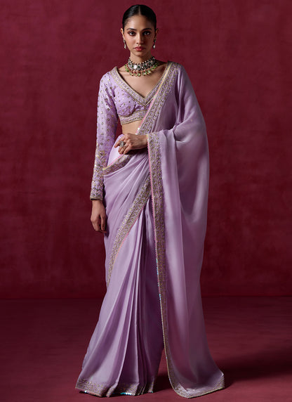 Lavender Embroidered Silk Saree