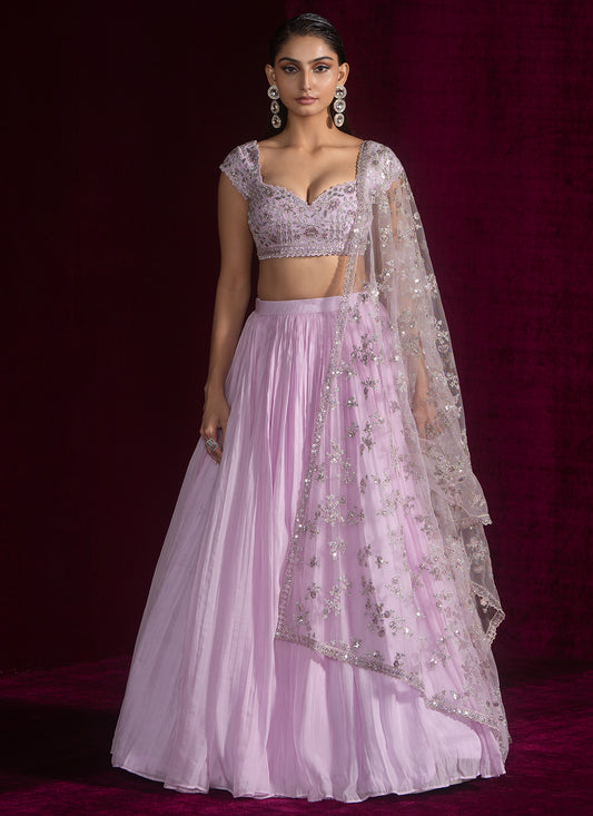 Lavender Embroidered Viscose Organza Lehenga