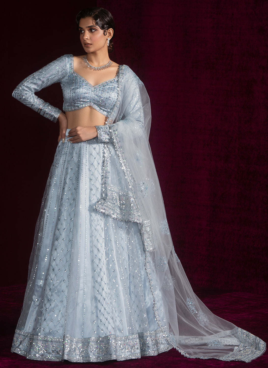 Light Blue Embroidered Net Lehenga