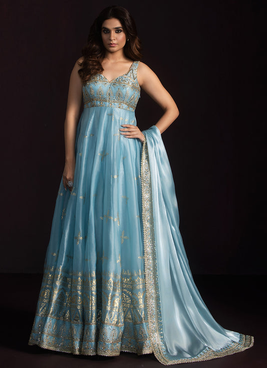 Light Blue Embroidered Organza Anarkali