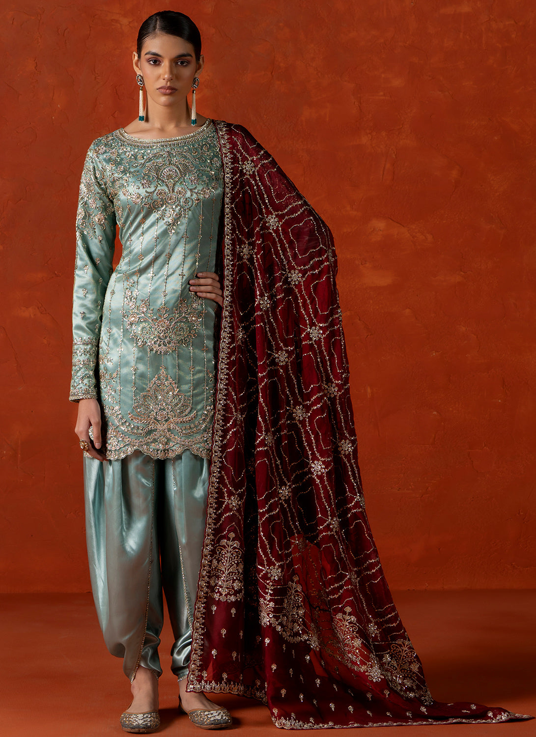 Light Blue Embroidered Satin Punjabi Suit