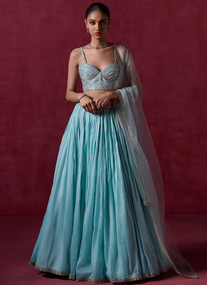 Light Dusty Blue Embroidered Organza Lehenga