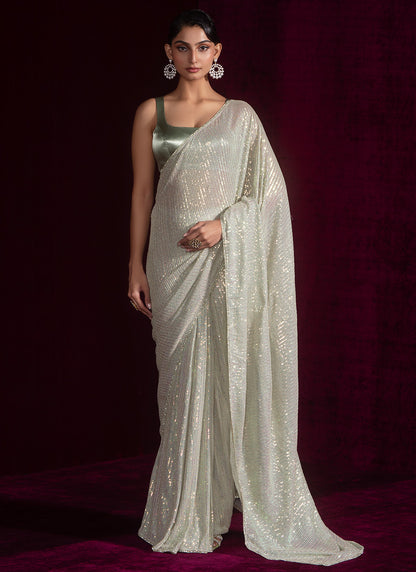 Light Dusty Green Embroidered Saree